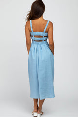 Light Blue Sleeveless Smocked Caged Back Midi Dress