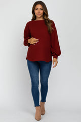 Burgundy Textured Knit Bubble Sleeve Maternity Top