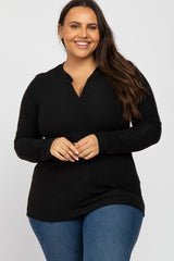 Black Ribbed Split Collar Maternity Plus Top