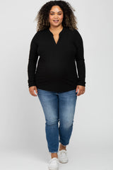 Black Ribbed Split Collar Maternity Plus Top