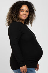 Black Ribbed Split Collar Maternity Plus Top