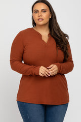 Rust Ribbed Split Collar Maternity Plus Top