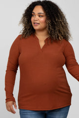 Rust Ribbed Split Collar Maternity Plus Top