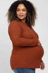 Rust Ribbed Split Collar Maternity Plus Top