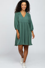 Green Linen Raw Edge Hi-Low Hem Maternity Dress