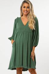 Green Linen Raw Edge Hi-Low Hem Maternity Dress