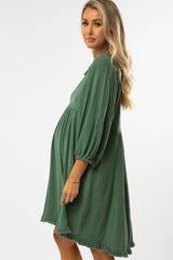 Green Linen Raw Edge Hi-Low Hem Maternity Dress