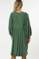 Green Linen Raw Edge Hi-Low Hem Maternity Dress