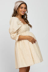 Beige Floral Eyelet 3/4 Puff Sleeve Maternity Dress