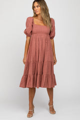 Mauve Plaid Square Neck Maternity Midi Dress