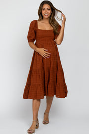 Rust Plaid Square Neck Maternity Midi Dress