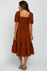 Rust Plaid Square Neck Maternity Midi Dress