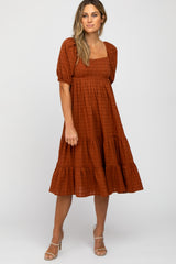 Rust Plaid Square Neck Midi Dress