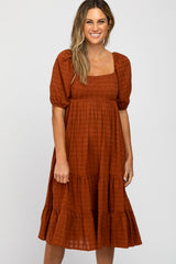 Rust Plaid Square Neck Midi Dress