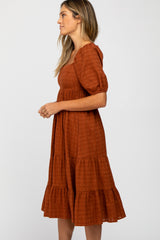 Rust Plaid Square Neck Midi Dress