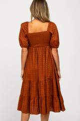 Rust Plaid Square Neck Midi Dress