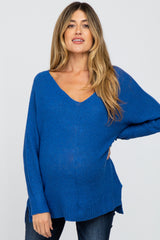 Royal Blue V-Neck Side Slit Maternity Sweater