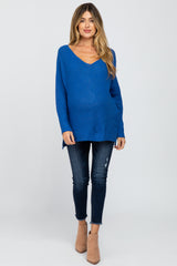 Royal Blue V-Neck Side Slit Maternity Sweater