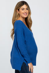 Royal Blue V-Neck Side Slit Maternity Sweater