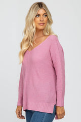 Pink V-Neck Side Slit Sweater