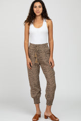 Taupe Abstract Dot Print Smocked Waist Maternity Pants