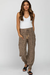 Taupe Abstract Dot Print Smocked Waist Maternity Pants