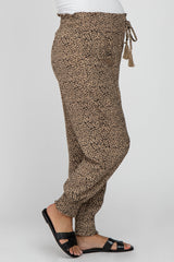 Taupe Abstract Dot Print Smocked Waist Maternity Pants