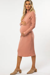 Mauve Ribbed Turtleneck Maternity Midi Dress