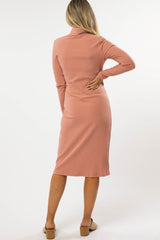 Mauve Ribbed Turtleneck Maternity Midi Dress