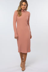 Mauve Ribbed Turtleneck Maternity Midi Dress