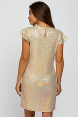 Gold Sequin Layered Ruffle Sleeve Maternity Dress