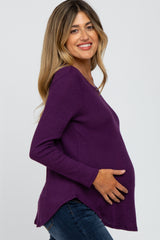 Purple Basic Waffle Knit Maternity Long Sleeve Top