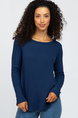 Navy Blue Basic Waffle Knit Long Sleeve Top