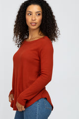 Rust Basic Waffle Knit Long Sleeve Top