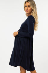 Navy Blue 3/4 Sleeve Babydoll Maternity Dress