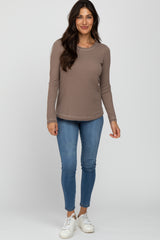 Taupe Pointelle Knit Long Sleeve Top