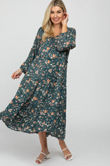 Deep Teal Floral Print Button Front Maternity Midi Dress