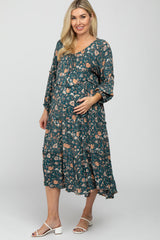 Deep Teal Floral Print Button Front Maternity Midi Dress