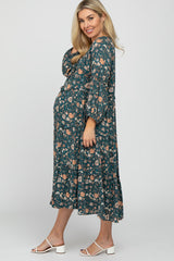 Deep Teal Floral Print Button Front Maternity Midi Dress