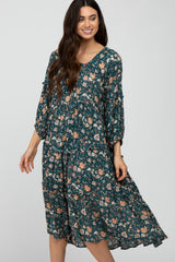 Deep Teal Floral Print Button Front Midi Dress