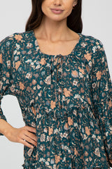 Deep Teal Floral Print Button Front Midi Dress