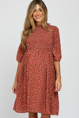 Rust Ditsy Floral Smocked Maternity Dress