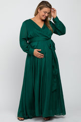 Forest Green Metallic Striped Chiffon Maternity Plus Maxi Dress