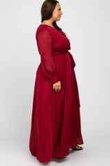 Burgundy Metallic Striped Chiffon Plus Maxi Dress