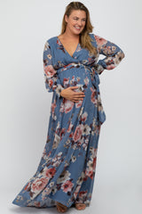 Blue Floral Chiffon Maternity Plus Maxi Dress