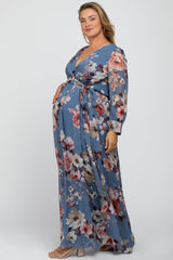 Blue Floral Chiffon Maternity Plus Maxi Dress