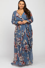 Blue Floral Chiffon Maternity Plus Maxi Dress