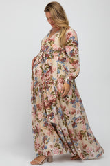 Taupe Floral Chiffon Maternity Plus Maxi Dress