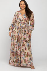 Taupe Floral Chiffon Plus Maxi Dress