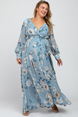 Light Blue Floral Chiffon Maternity Plus Maxi Dress